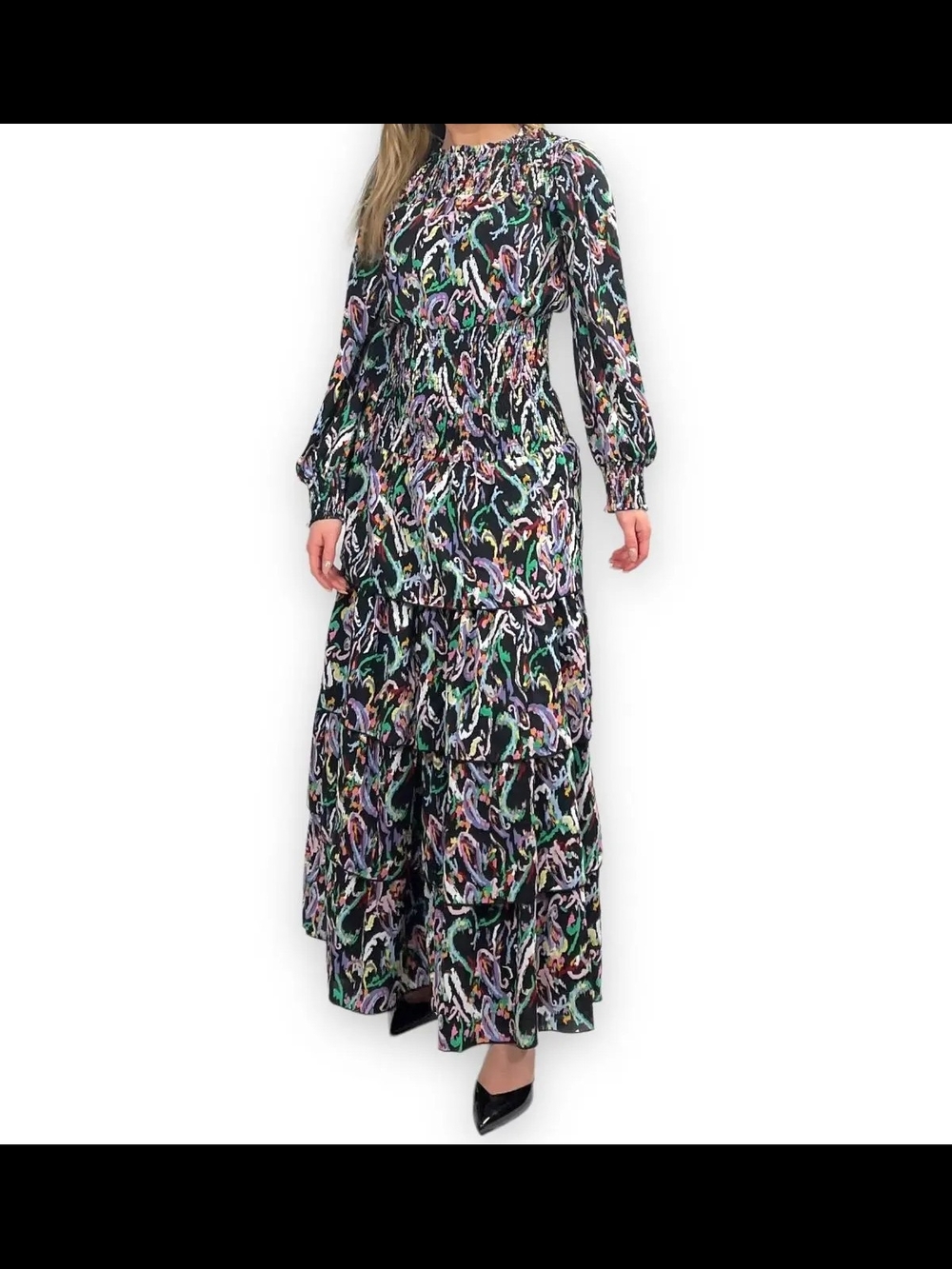 Colorful Abstract Print Tiered Maxi Dress Smocked Bodice Cottagecore - All Sizes